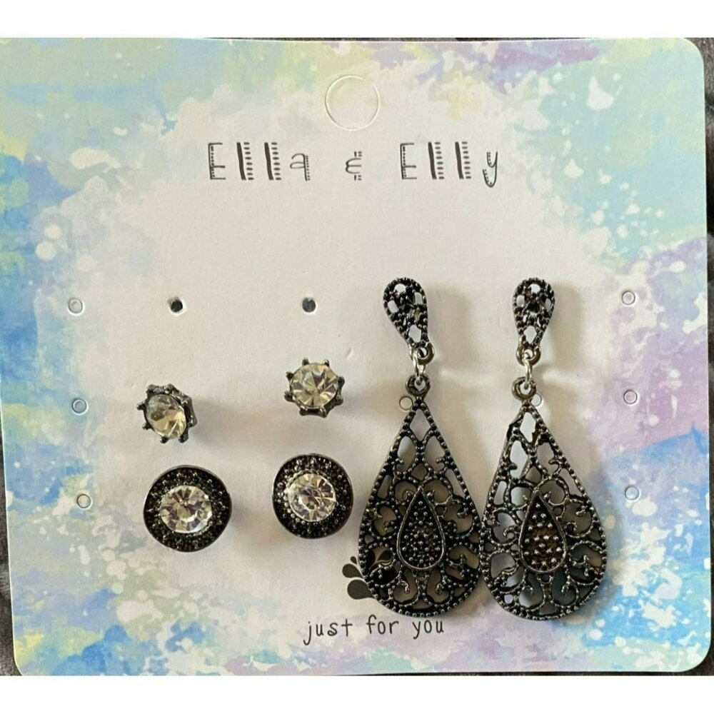 Ella & Elly Set Of 3 Pairs Of Earrings - Silver Tone: Drop Stud & Round Rhinesto